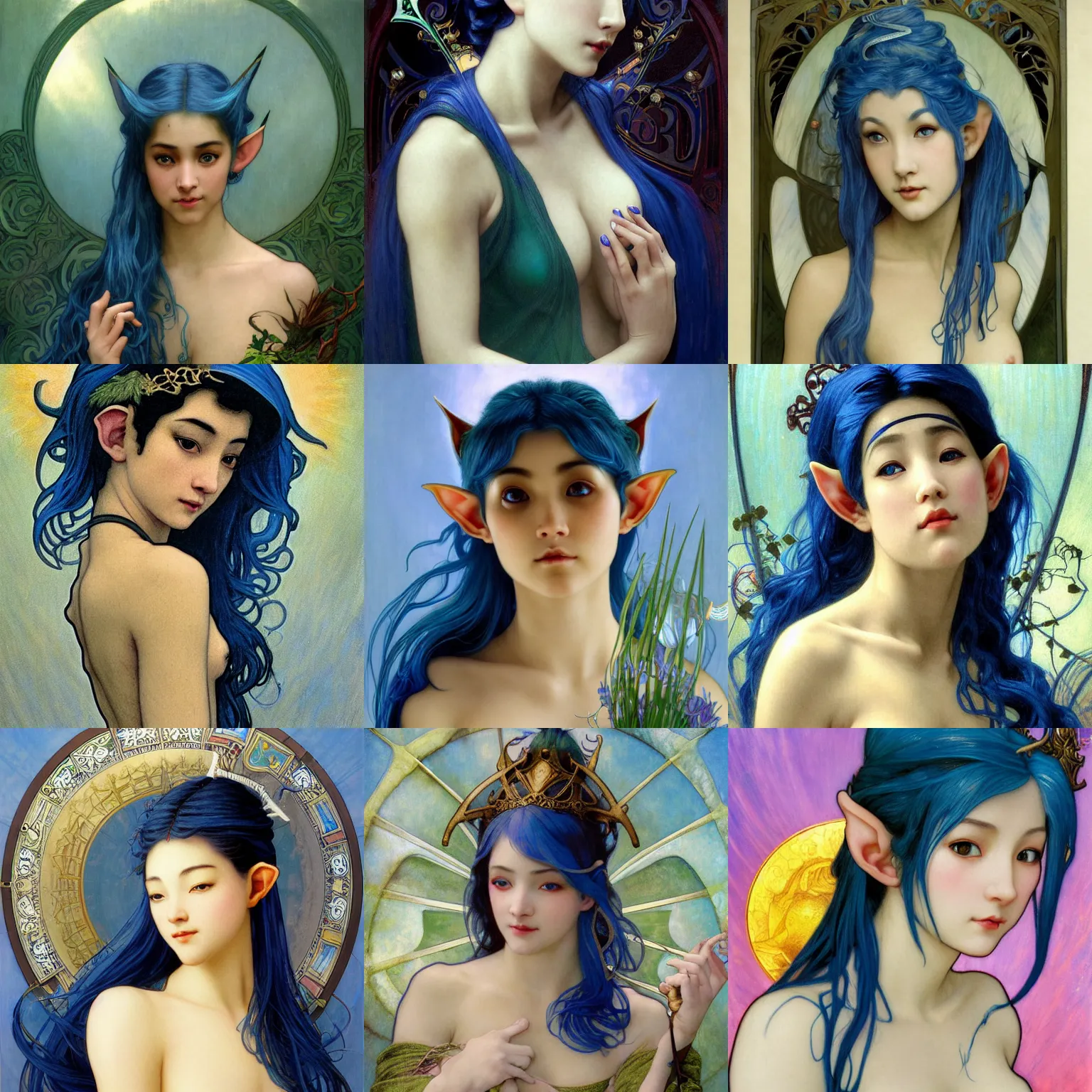 Prompt: stunning, breathtaking, awe-inspiring award-winning concept art nouveau painting of attractive Asian elf nymph with blue hair and pointy elf ears, as the elf goddess of the sun, with anxious, piercing eyes, by Alphonse Mucha, Michael Whelan, William Adolphe Bouguereau, John Williams Waterhouse, and Donato Giancola, cyberpunk, extremely moody lighting, glowing light and shadow, atmospheric, cinematic, 8K