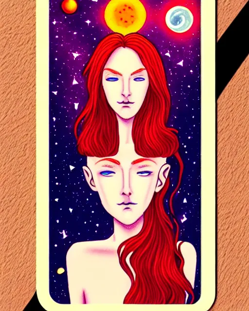 Image similar to tarot card of space astral girl, red hair, ginger hair, fantasy, glowing skin, smooth face, perfect eyes