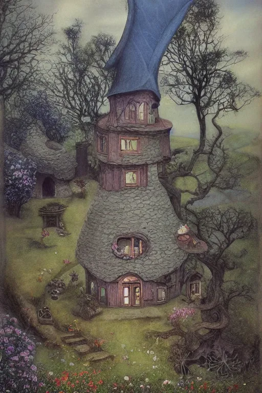 Image similar to beautiful matte painting of a cottage on a hill whimsical by brian froud and bridget bate tichenor with huge dlowing spiral