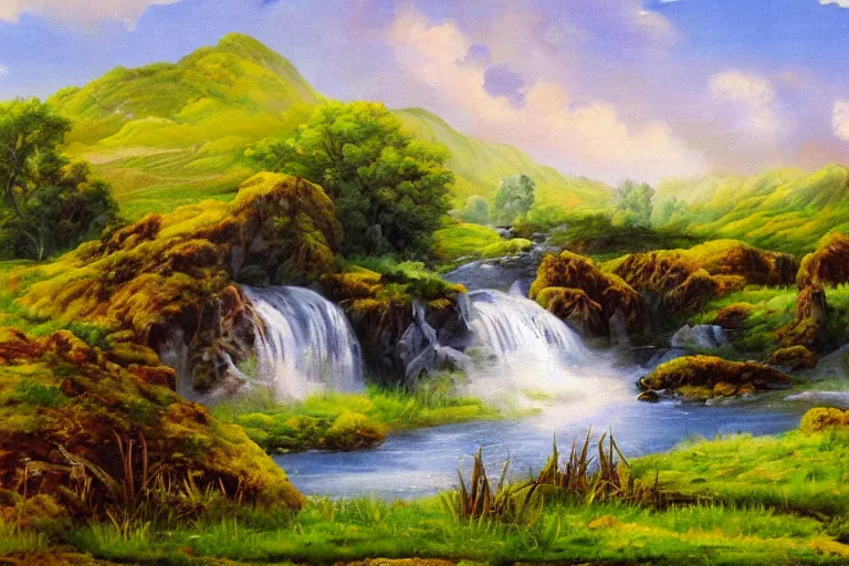 Prompt: grassland landscape painting with waterfall