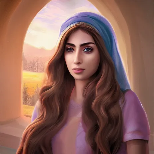 Image similar to portait princess latifa raafat, centred, very long hair, hd, unreal engine, art digital painting, amazing background theme