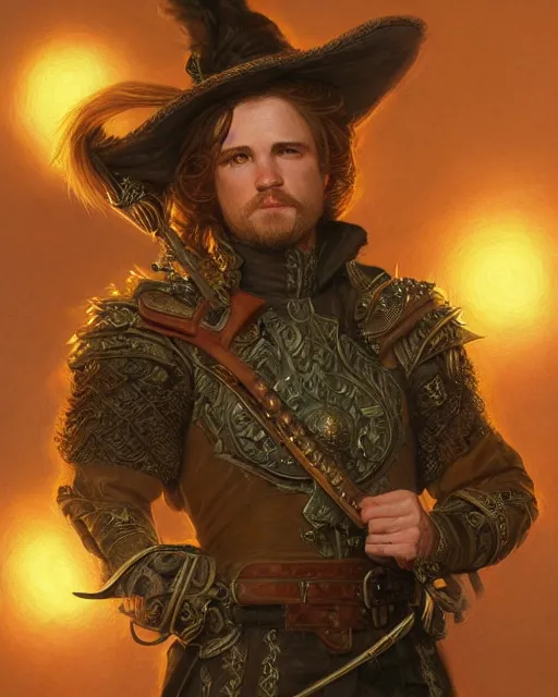 Prompt: white male rogue bard portrait, highly detailed, very intricate, cinematic lighting, closeup painted portrait, by donato giancola and rossdraws and magali villenueve, featured on artstation