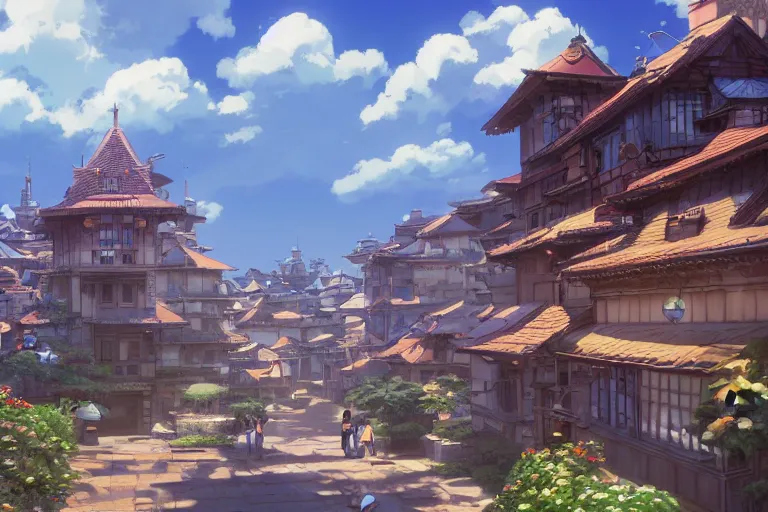 Image similar to a wholesome animation key shot of a traditional city with tiled roofs, architecture, very detailed, medium shot, studio ghibli, pixar and disney animation, sharp, rendered in unreal engine 5, anime key art by greg rutkowski, bloom, dramatic lighting, blue sky with clouds