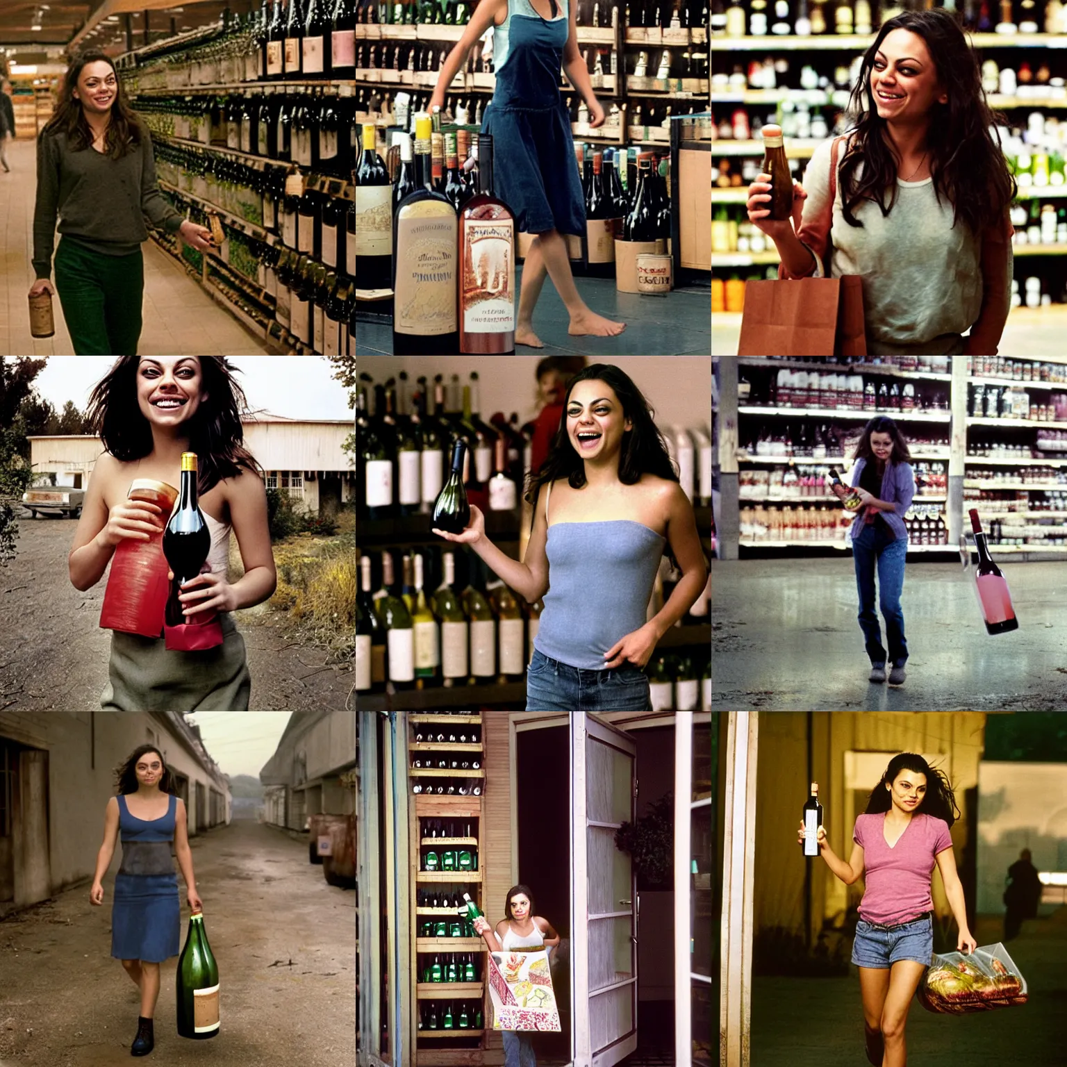 Prompt: portrait of laughing Mila Kunis walking out of the grocery store holding bottles of wine, Gregory Crewdson, Joel Sternfeld