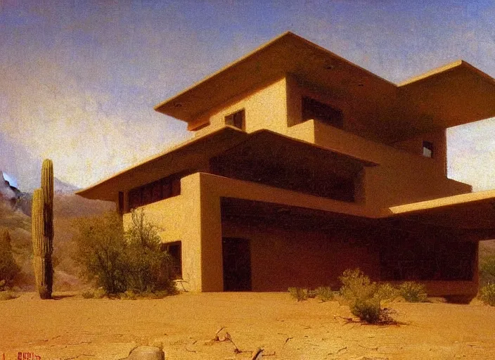 Image similar to painting of a frank lloyd wright house in the california desert by albert bierstadt