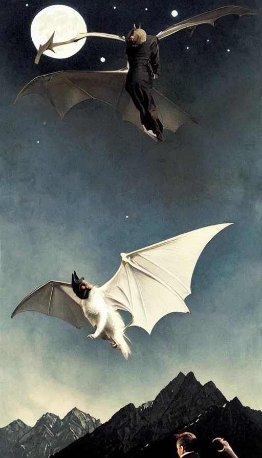 Prompt: a white bat, flying against a dark black night sky, mountain in the background, moonlight, denoised, very detailed, painted by, norman rockwell, tom bagshaw