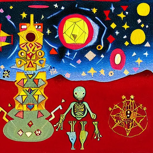 Image similar to pixel decollage painting tarot lovers card composition tower of babel road red armor maggot bear and wonky alien frog skeleton knight on a horse in a dark red cloudy night sky with golden foil jewish stars, occult symbols and diamonds, mountain lake and blossoming field in background, painted by Mark Rothko, Helen Frankenthaler, Danny Fox and Hilma af Klint, pixelated, neo expressionism, semi naive, pastel colors, cinematic, color field painting, cave painting, voxel, pop art look, outsider art, minimalistic. Bill Traylor painting, part by Philip Guston and Francis Bacon. art by Adrian Ghenie, very coherent symmetrical artwork, cinematic, hyper realism, high detail, octane render, unreal engine, Smooth gradients, depth of field, full body character drawing, extremely detailed, 8k, extreme detail, intricate detail, masterpiece