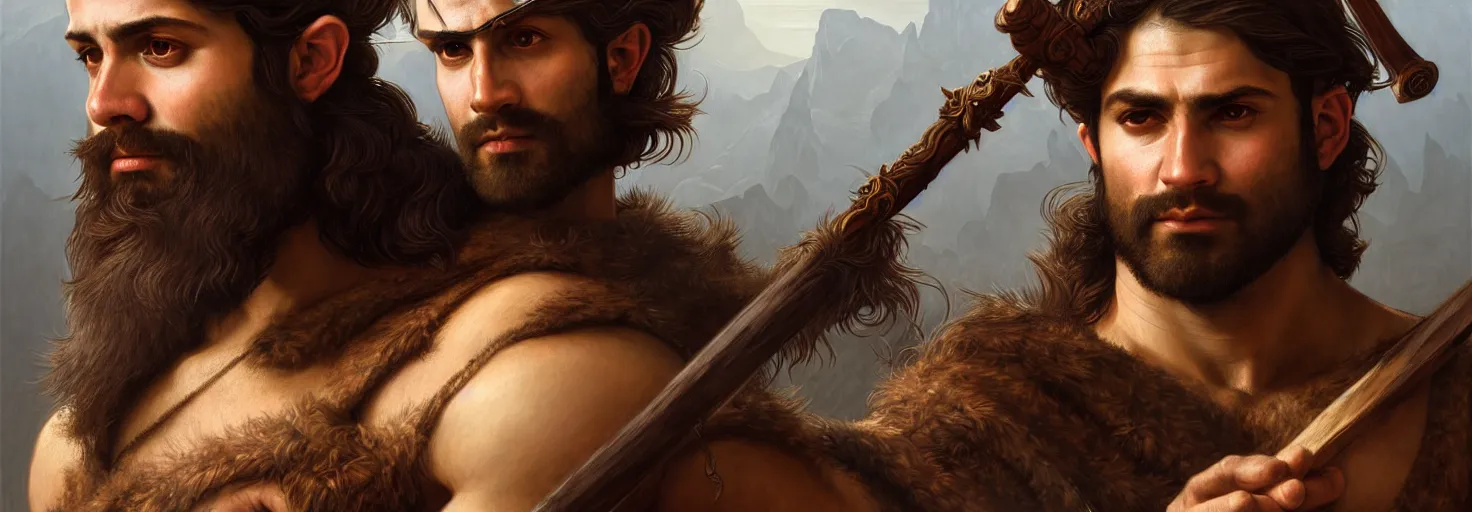 Image similar to renaissance upper body portrait of a gruff ranger with a spear, Persian, lean and toned, handsome face, hairy chest, D&D, intricate, elegant, highly detailed, digital painting, artstation, concept art, matte, sharp focus, illustration, art by da Vinci, Artgerm and Greg Rutkowski and Alphonse Mucha