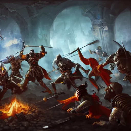 Image similar to a party of adventurers fighting knights, action shot, fire lit room, dungeon, fantasy, concept art, detailed, HD, 4k, renaissance, epic