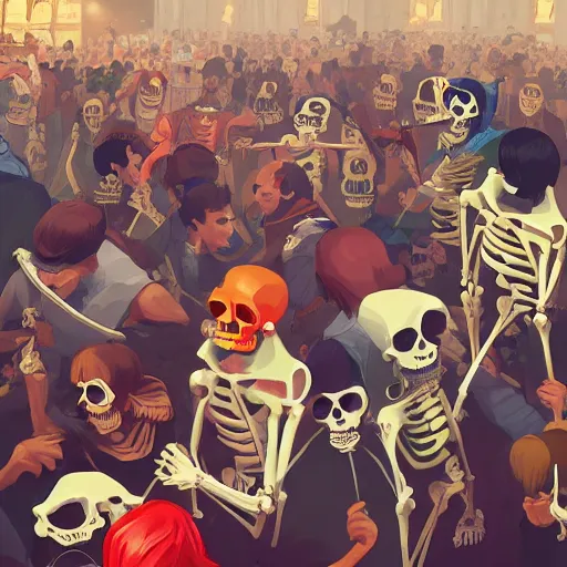 Prompt: a crowd composed by skeletons dressed funnily fight to have the an Iphone in a store of London, 2d, ultra highly detailed, digital painting, smooth, sharp focus, artstation, pixiv, art by Ilya Kuvshinov