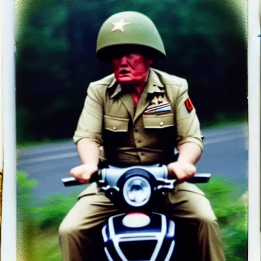Prompt: polaroid photo of a person looking like donald trump as a soldier in vietnam, riding tank