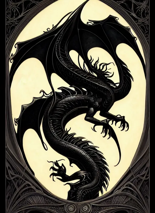Prompt: an art nouveau, black dragon illustration in the style of charlie bowater, and in the style of donato giancola, and in the style of charles dulac. very large, clear, expressive, intelligent eyes. symmetrical, centered, ultrasharp focus, dramatic lighting, photorealistic digital painting, intricate ultra detailed background.