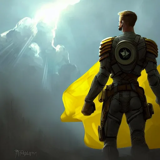 Image similar to a full body shot from distance of a super soldier with a Ukrainian yellow and blue flag standing in the beam of light from the clouds in a triumph after battle, western, masculine figure, D&D, fantasy, intricate, elegant, highly detailed, digital painting, artstation, concept art, matte, sharp focus, symmetrical, illustration, art by Artgerm and Greg Rutkowski and Alphonse Mucha