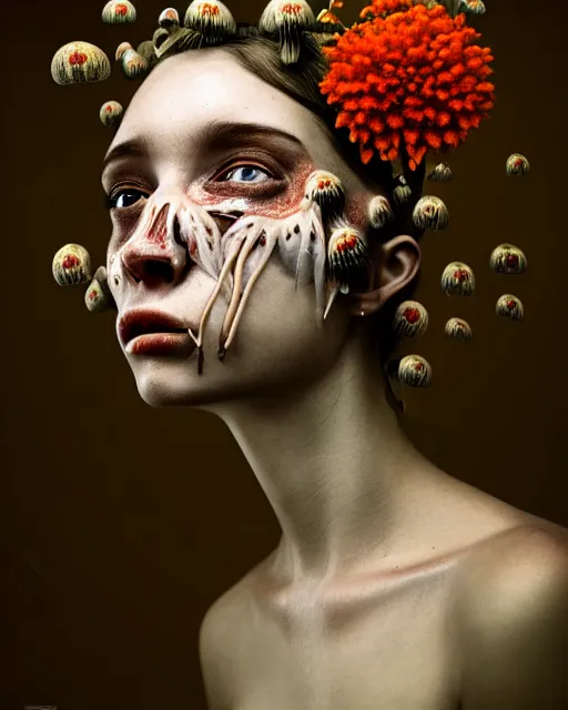 Image similar to a disturbing horror photograph of a beautiful crying woman with flowers and fungus growing out of her head m, intricate, hyperrealism, sharp focus, cinematography, highly detailed, octane render, digital horror artwork, matte, photography by professional photographer