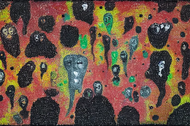 Image similar to teeth, smile, faceless people, black figures, dark, acrylic, clay, dots abstract, dripping, stipple, pointillism, technical, abstract, minimal, style of francis bacon, asymmetry, pulled apart, stretch, cloak, eerie, made of dots, abstraction chemicals, blotter, mask, colored dots, splotch, old painting style