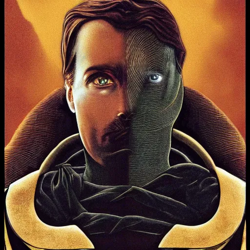 Image similar to paul atreides emperor of the known universe, perfect dramatic and dark portrait, dune