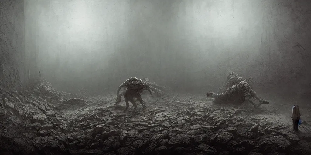 Image similar to a monster crawling out from the basement, Les Edwards, Zdzislaw Beksinski, Carl Gustav Carus, John Harris, Michal Karcz, Zhang Kechun, Mikko Lagerstedt, Scott Listfield, Steven Outram, Jessica Rossier