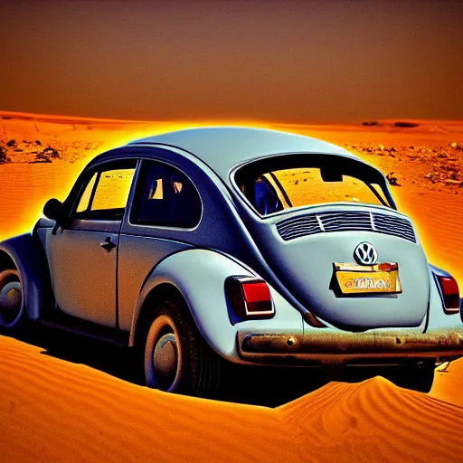 Prompt: a volkswagen beetle in the middle of the saharan desert, spinning it's tires in the sand, hdr, golden hour, atmospheric