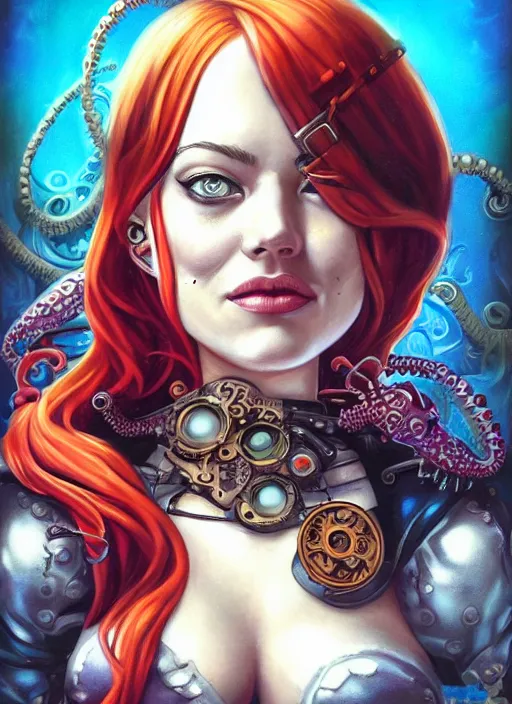 Image similar to steampunk pirate portrait of emma stone, underwater, octopus, pixar style, by tristan eaton stanley artgerm and tom bagshaw.