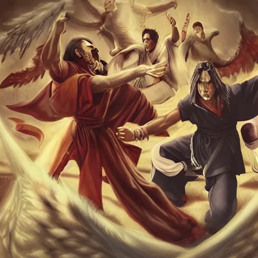 Image similar to God and Lucifer in a Kung Fu fight surrounded by angels, artwork by Artgerm