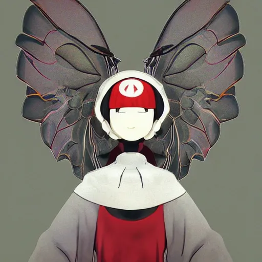 Image similar to 4K headshot of mothman with a mushroom hat and rouch clothes with giant wings , intricate face , flawless anime cel animation by Manabu Oshashi and Satoshi Kon, professionally post-processed , beautiful, scary, symmetry accurate features, epic, octane rendered, anime masterpiece, accurate