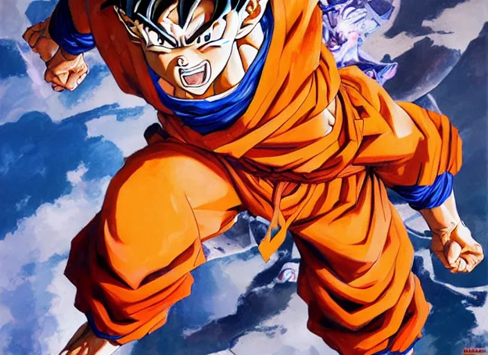 Prompt: a highly detailed beautiful portrait of goku, by gregory manchess, james gurney, james jean