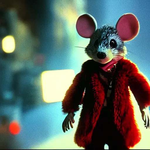 Prompt: Still of Chuck E. Cheese mouse masot, in the movie Blade Runner, cinematic lighting, 4k