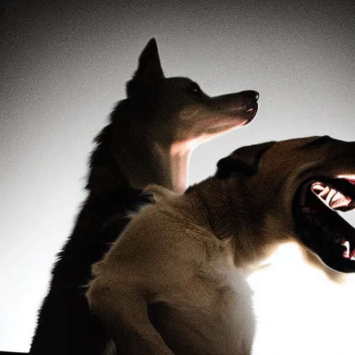 Prompt: barking angry dog on keyboard photo dramatic lighting