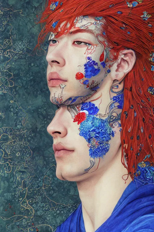 Prompt: portrait of beautiful young man, warhammer, japanic style, cyberpunk, a lot of scars, more and more flowers, blue head, sun side, some red water, the middle ages, highly detailed, artstation, illustration, art by gustav klimt, 8 k quality