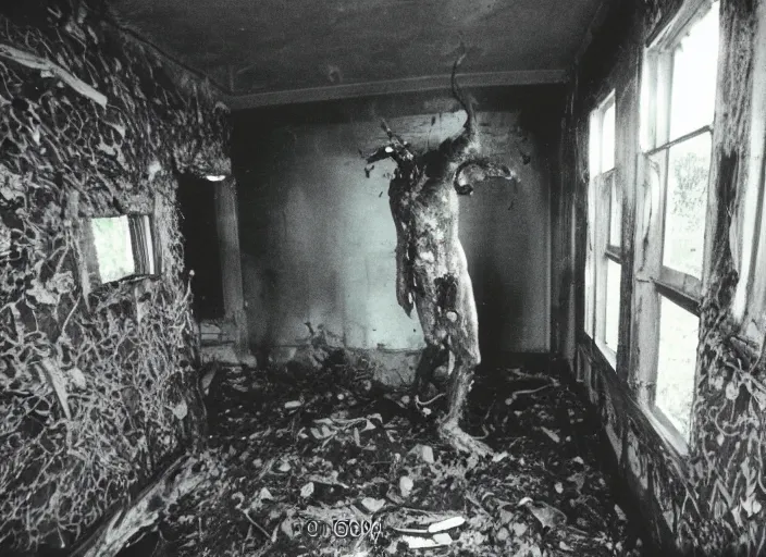 Image similar to 1 9 9 3, disposable camera, flash, pov, old abandoned house, male : creature, standing, meat, ooze, slime, veins, wet