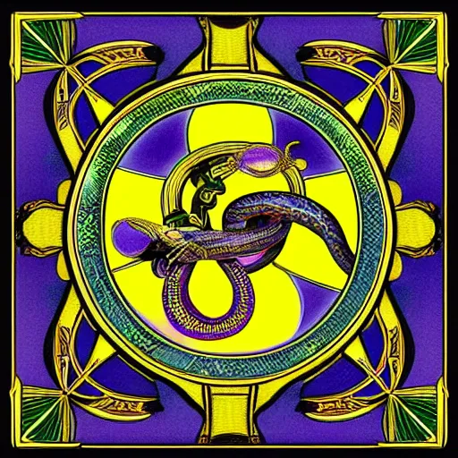 Image similar to a snake biting itself in the center of a tarot card with intricate details in the frames, symmetry, golden ratio, arab letters, colors: yellow, blue, violet, red, green, 4k, high quality render.