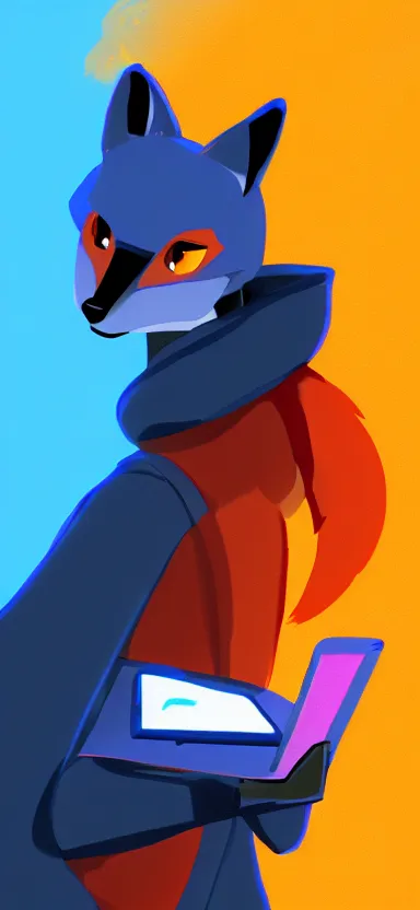 Image similar to a concept art of anthropomorphic fox in a blue hoodie hacking a portable computer, artstation, digital art, oc commission, style by studio trigger