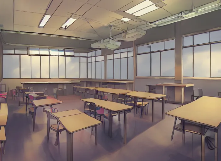 Typical anime classroom, chalkboard, empty, quiet