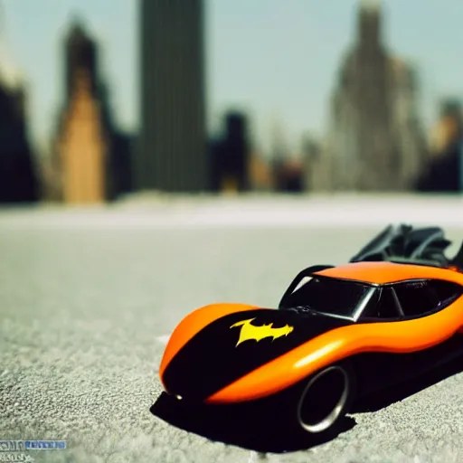 Prompt: 3 5 mm photo of black 1 9 6 0 s batmobile batman car, tim burton cinematic, hot wheels model with new york city as background