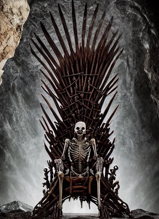 Prompt: hyper realistic photography of intricate horrific alien bone skeleton god sitting on iron throne in a rocky cave detailed, artstation, cgsociety