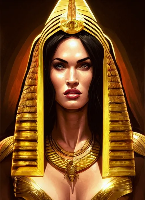 Image similar to portrait of megan fox as egypt queen, scarab, pyramids, gold, intricate, headshot, highly detailed, digital painting, artstation, concept art, sharp focus, cinematic lighting, illustration, art by artgerm and greg rutkowski, alphonse mucha, cgsociety