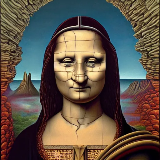 Prompt: monalisa by jacek yerka, alex gray, zdzisław beksiński, dariusz zawadzki, jeffrey smith and h.r. giger, oil on canvas, 8k highly professionally detailed, trending on artstation