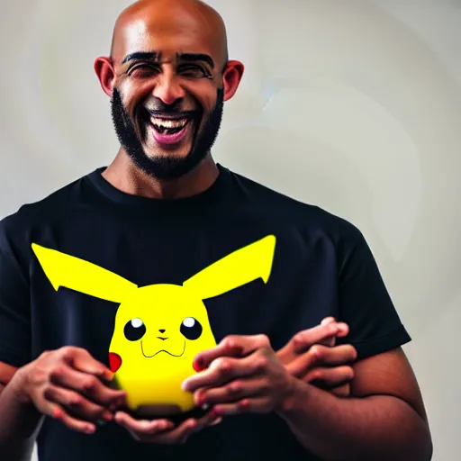 Image similar to a bald black man with a pikachu hat, close up