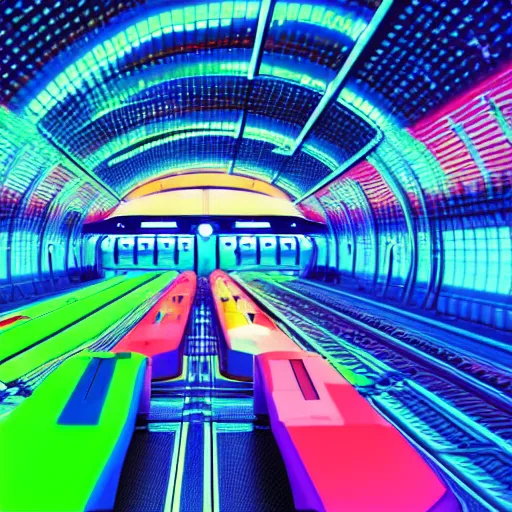 Image similar to space train station, futuristic, neon colours, highly saturated, high def, 8 k, hd, highly detailed,