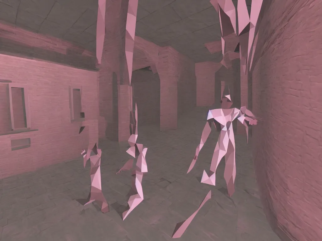 Prompt: Suspiria as a PS1 third person video game, low poly