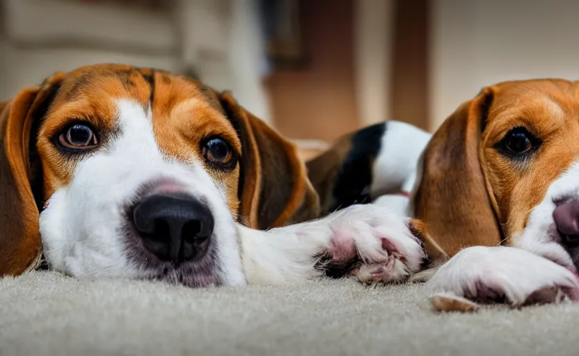 Prompt: beagle dog on a bed, photojournalism, award winning photo by national geographic, 8 k