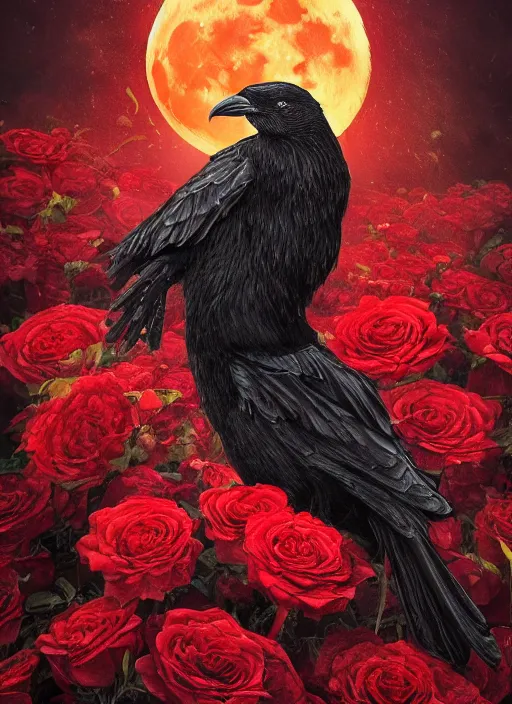 Image similar to red and golden color details, portrait, A crow with red eyes in front of the full big moon, book cover, red roses, red white black colors, establishing shot, extremly high detail, foto realistic, cinematic lighting, by Yoshitaka Amano, Ruan Jia, Kentaro Miura, Artgerm, post processed, concept art, artstation, raphael lacoste, alex ross, portrait, A crow with red eyes in front of the full big moon, book cover, red roses, red white black colors, establishing shot, extremly high detail, photo-realistic, cinematic lighting, by Yoshitaka Amano, Ruan Jia, Kentaro Miura, Artgerm, post processed, concept art, artstation, raphael lacoste, alex ross