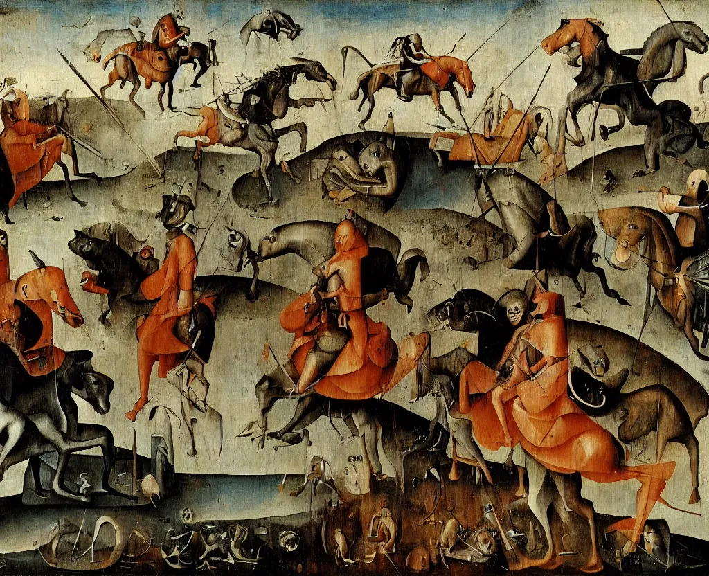 Image similar to the four horsemen of the modern apocalypse by hieronymus bosch