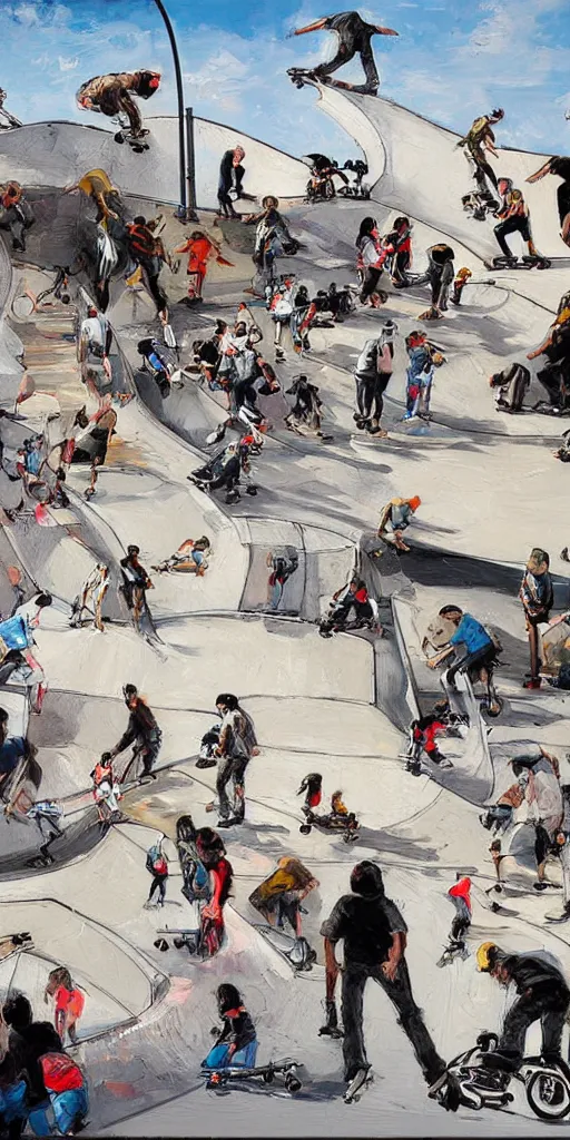 Image similar to oil painting scene skatepark with skaters and ramp by kim jung gi