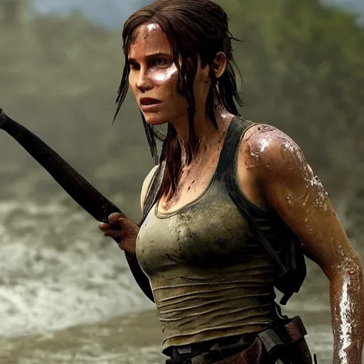 Prompt: film scene lara croft emerges from the river water, her face is covered with mud, part of the body is still in the river, it looks sweaty