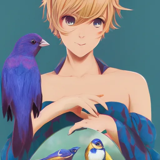 Image similar to colored pencil, anime art, beautiful full body female pinup girl, she is holding an indigo bunting bird, in her hand, the bird is wearing a bowtie, wlop, rossdraws sakimimichan, ilya kuvshinov, krenz cushart, greg rutkowski