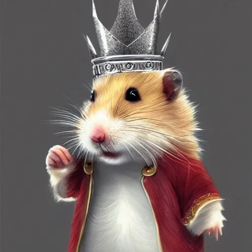 Image similar to A king hamster with a crown and a coat, digital art, highly-detailed, artstation cgsociety masterpiece