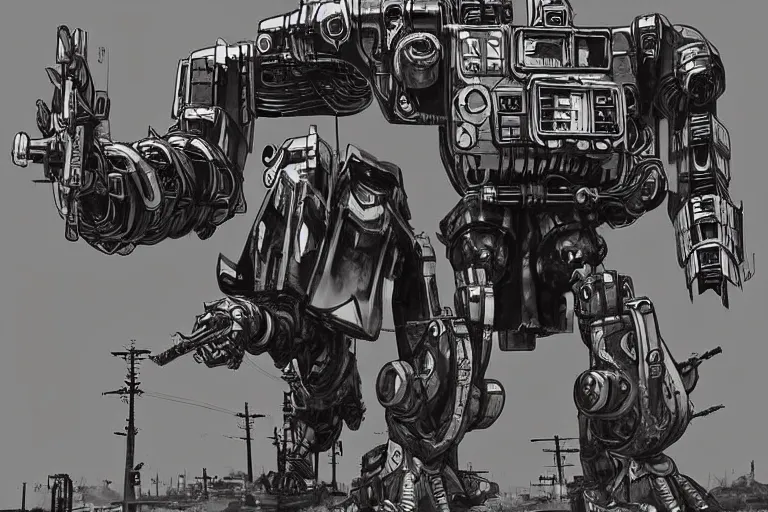 Image similar to giant war robot, photoillustration ink drawing acrylic art digital illustration oil on canvas photorealistic polished sci - fi ukiyo - e david rios ferreira filmic stock photo landscape polished photorealistic