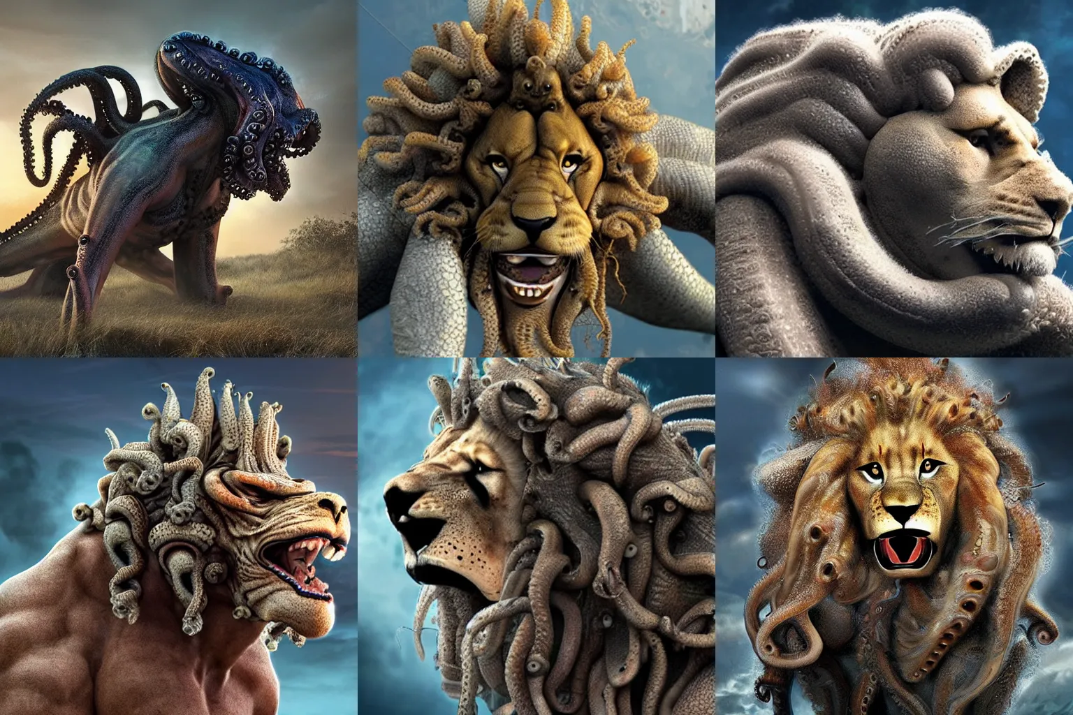 Prompt: photo realistic alien invaders that look like a cross between a lion and an octopus