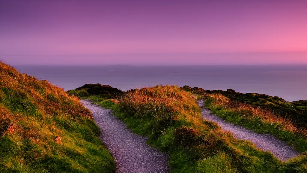 Image similar to 100 mm, 1/1000 sec, f/2.8, ISO 100 glorious magical cinematic scene of a trail on howth hill just after sunset